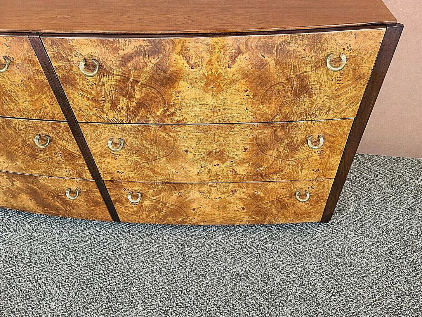 Vtg Mid Century Modern HICKORY WHITE Briar Burl Wood with Brass Pulls Dresser