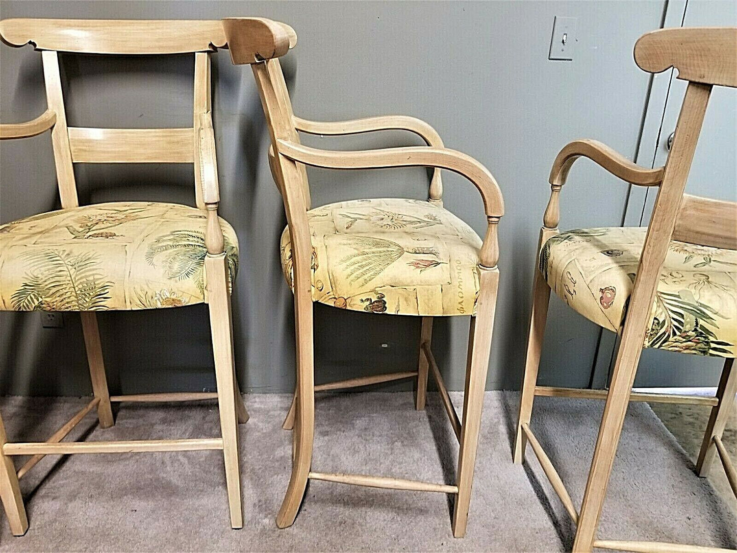 Set of 4 Tall WILLIAM SWITZER Country French Lacquered Light Wood Bar Stools