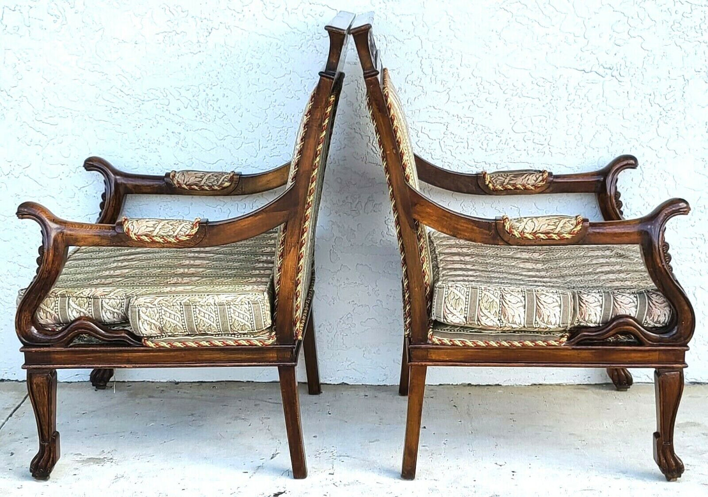 Egyptian Revival Carved Cobra & Isis Wings Mahogany Armchairs - A Pair