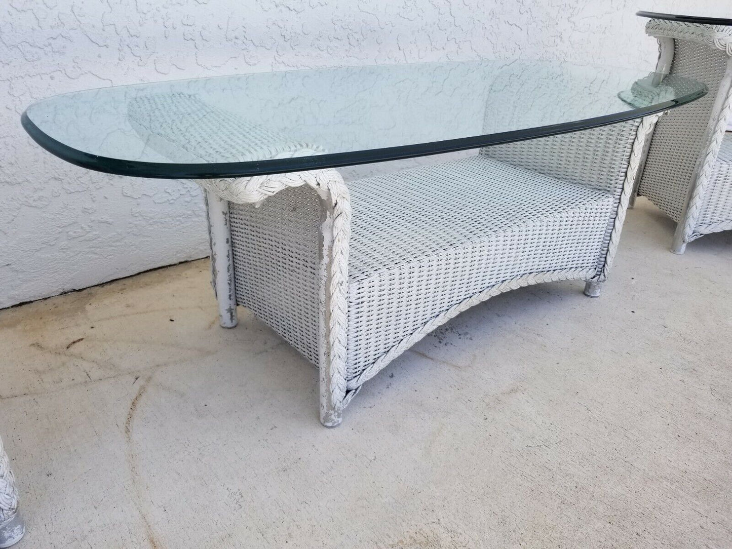 Vintage Set Of 3 LLOYD FLANDERS Loom Wicker Tables w Glass