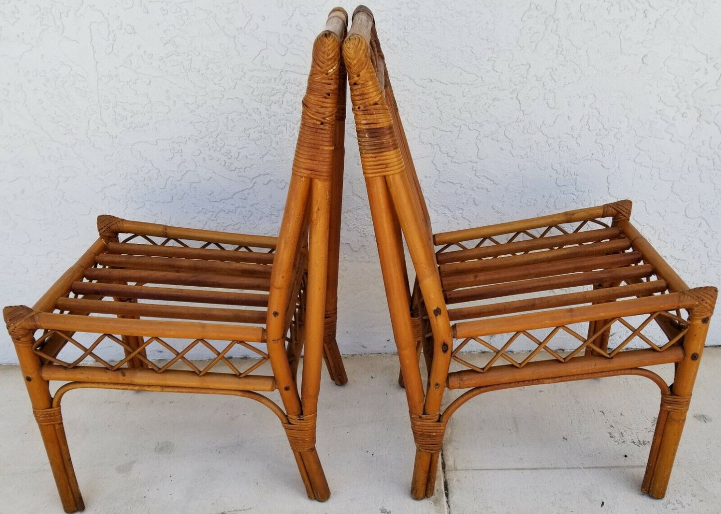(2) Vintage MCM Bamboo Rattan Side Dining Accent Chairs