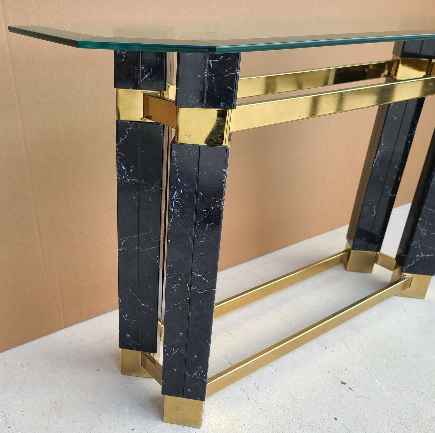 1980's Hollywood Regency Brass Faux Marble & Beveled Glass Console Table