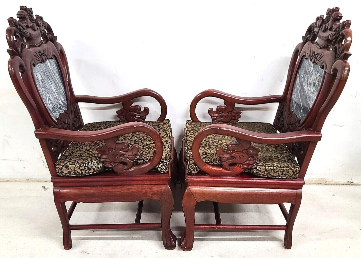 Mid Century Chinese Asian Rosewood & Marble Armchairs - A Pair