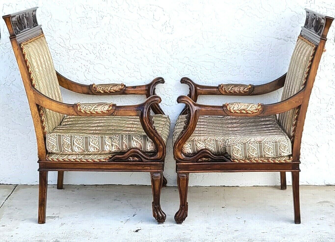 Egyptian Revival Carved Cobra & Isis Wings Mahogany Armchairs - A Pair