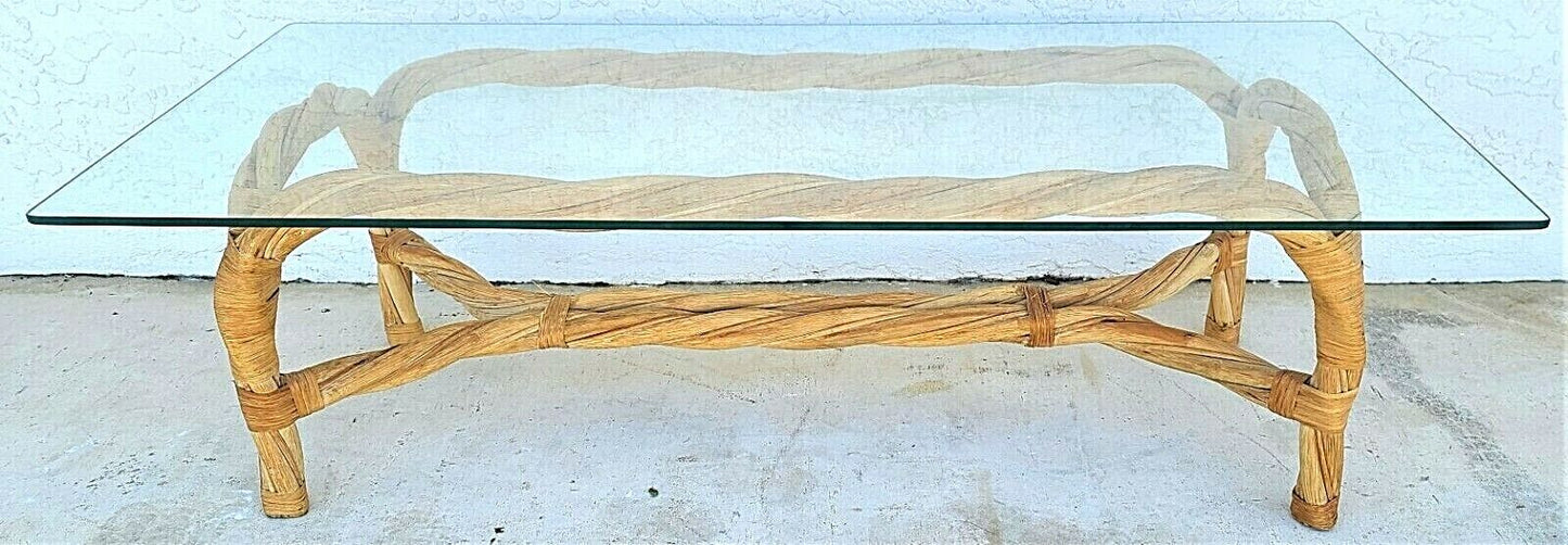 Organic Modern Coastal Twisted Braided Bentwood & Rattan Glass Top Coffee Table