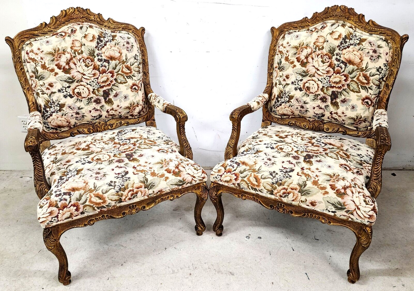 French Louis XV Rococo Giltwood Fauteuil Oversized Armchairs - a Pair