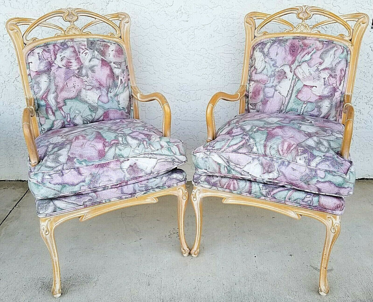 (2) French Provincial Fauteuil Carved Wood Upholstered Accent Chairs Armchairs
