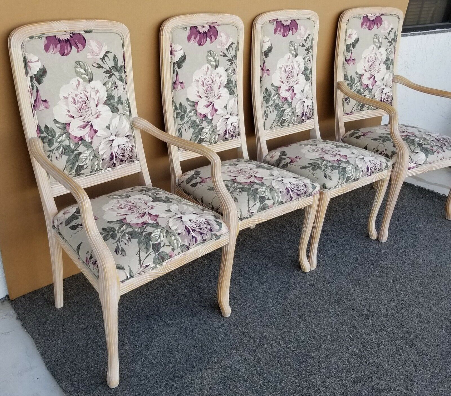 Carved Blonde Solid Wood Chintz Roses Dining Chairs - Set of 4