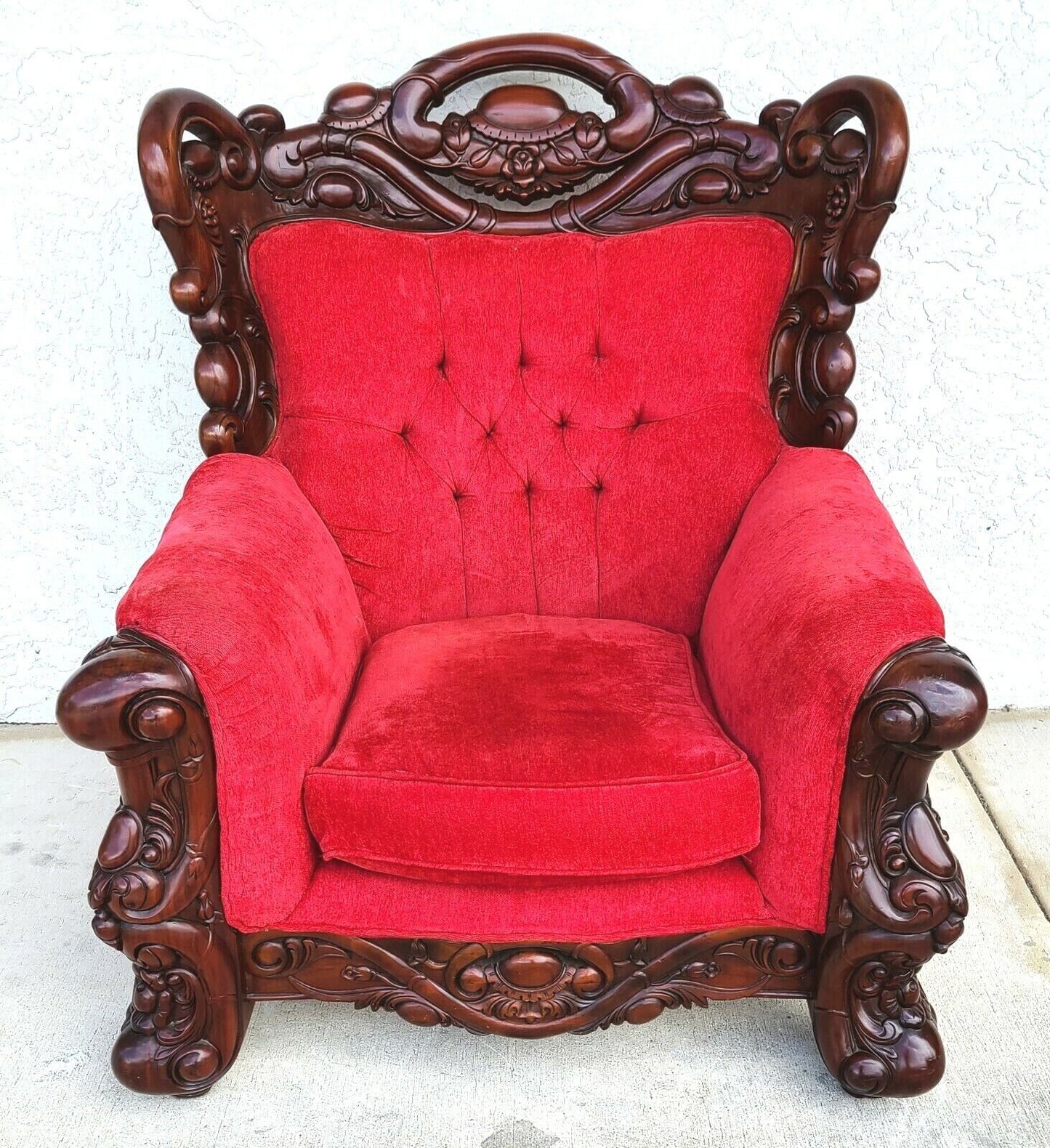 Oversized Asian Chinoiserie Carved Rosewood Armchair