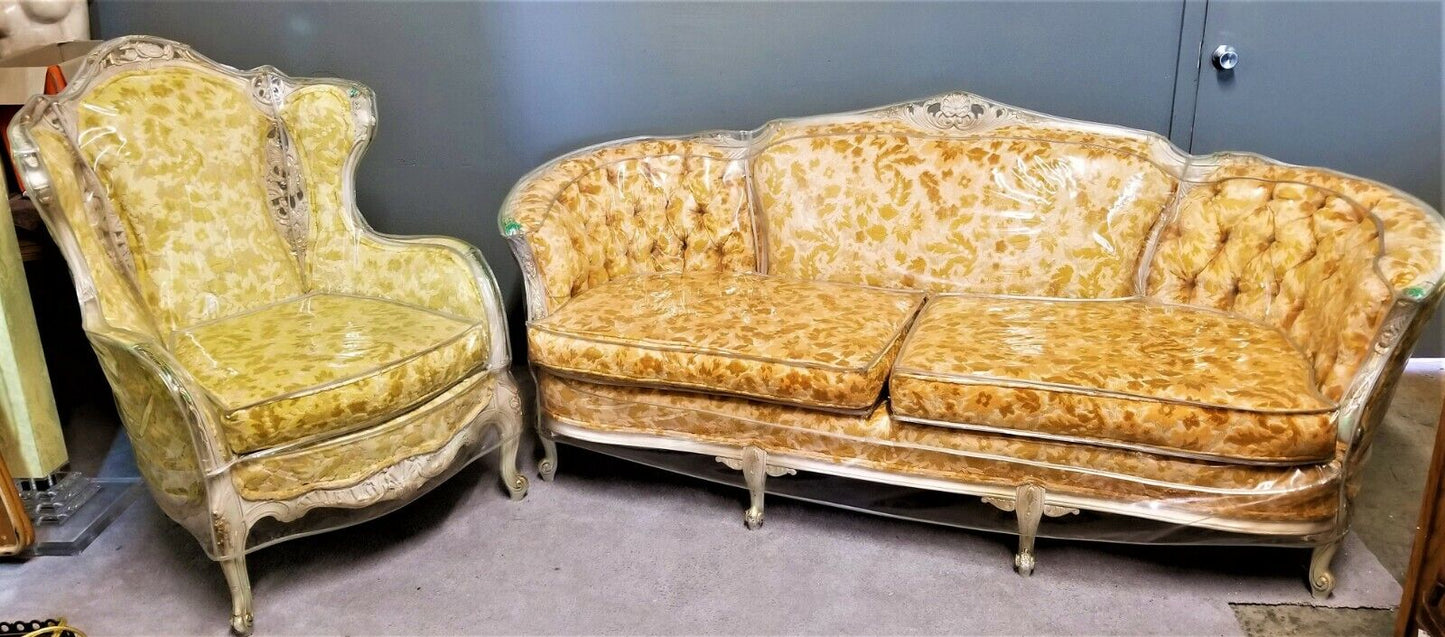 EUC! Antique French Louis XV Rococo Hand Carved Burnout Velvet Wing Back Chair