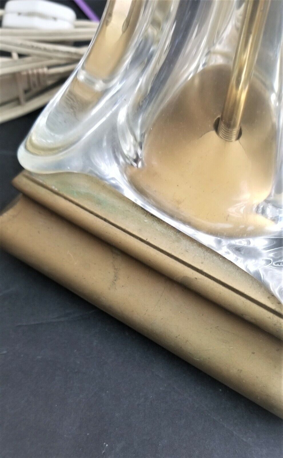 1970's COFRAC ART VERRIER Hand Blown Heavy Crystal and Brass Petite Table Lamp