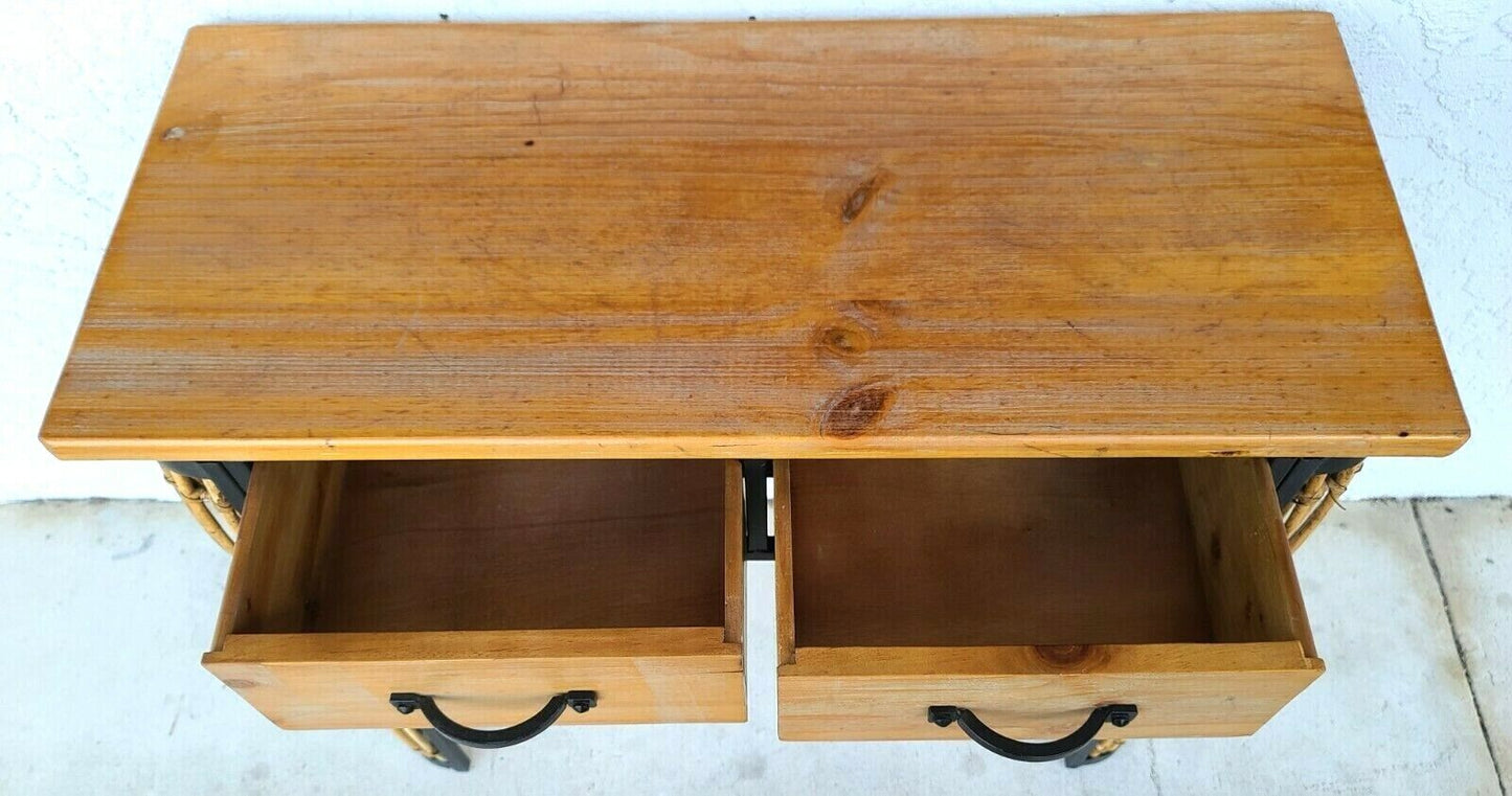 MCM Bamboo Rattan Wood and Wrought Iron 2 Drawer Console Sofa Table