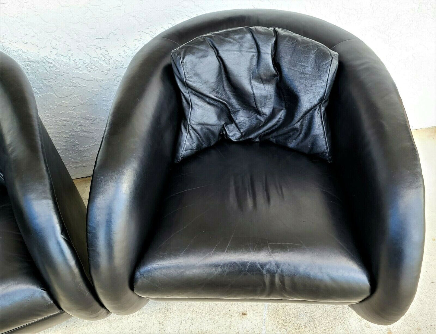 Mid Century Modern Black Leather Swivel Barrel Lounge Chairs by PREVIEW - A Pair