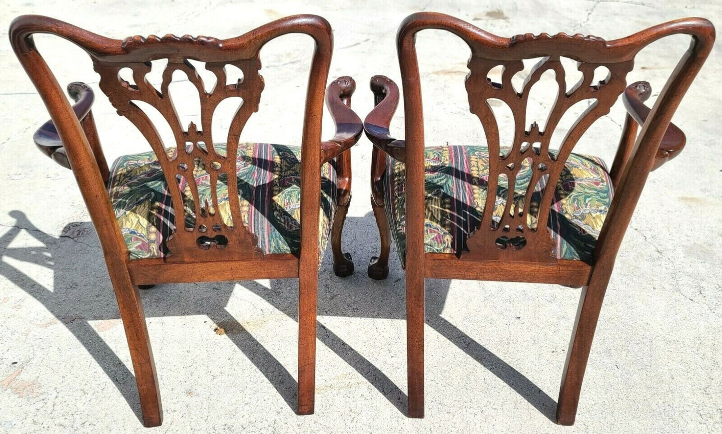 Antique c 1900 Edwardian Chippendale Mahogany Ball & Claw Armchairs - a Pair