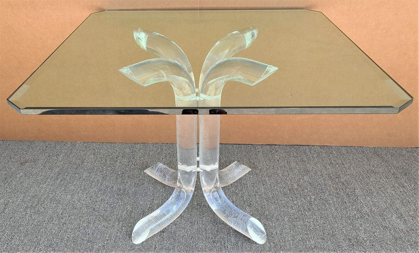 Vtg Charles Hollis Jones Tusk Lucite & Glass 4 Prong Dining Gaming Table