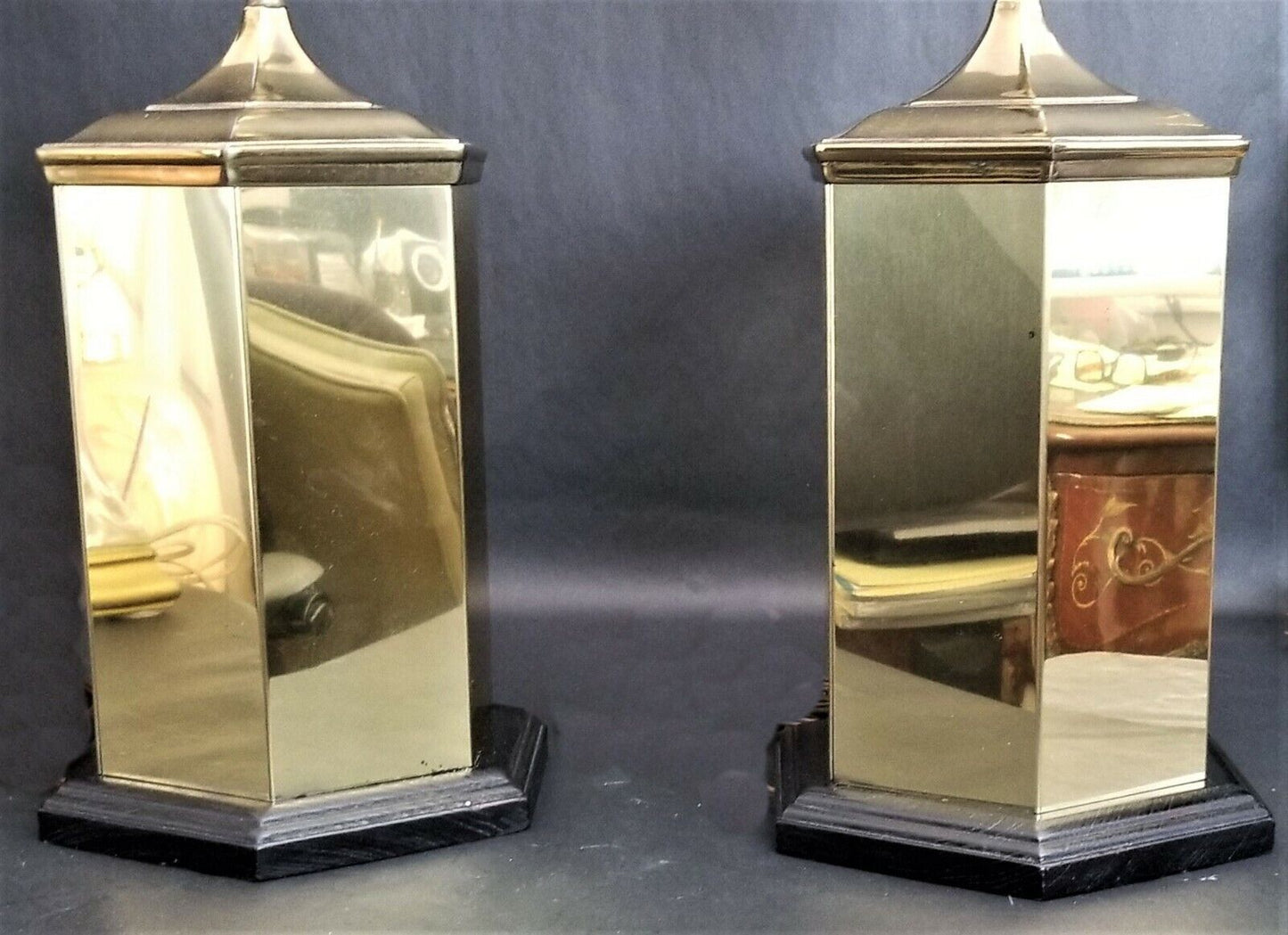 (2) Vintage Brass Asian Chinoiserie Hexagon Cannister Ginger Jar Table Lamps