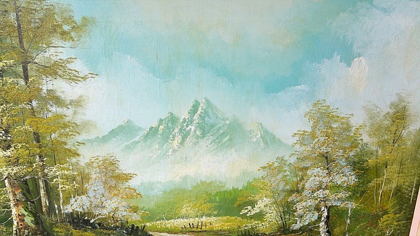 Vtg Estate Signed by Cooper Landscape Oil Painting Mountains Forest Path