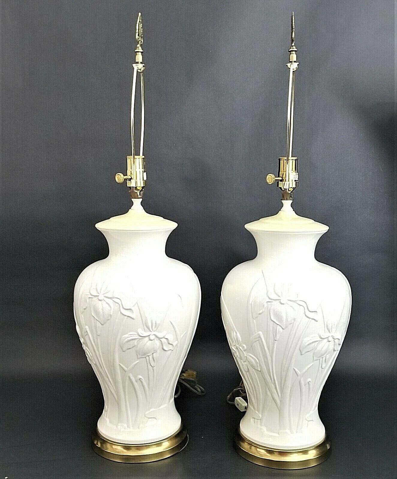 Vtg Pair of PAUL HANSON Ceramic Lamps with Embossed Iris Flowers in Cream/Ivory