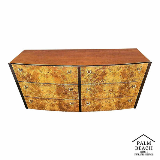 Vtg Mid Century Modern HICKORY WHITE Briar Burl Wood with Brass Pulls Dresser