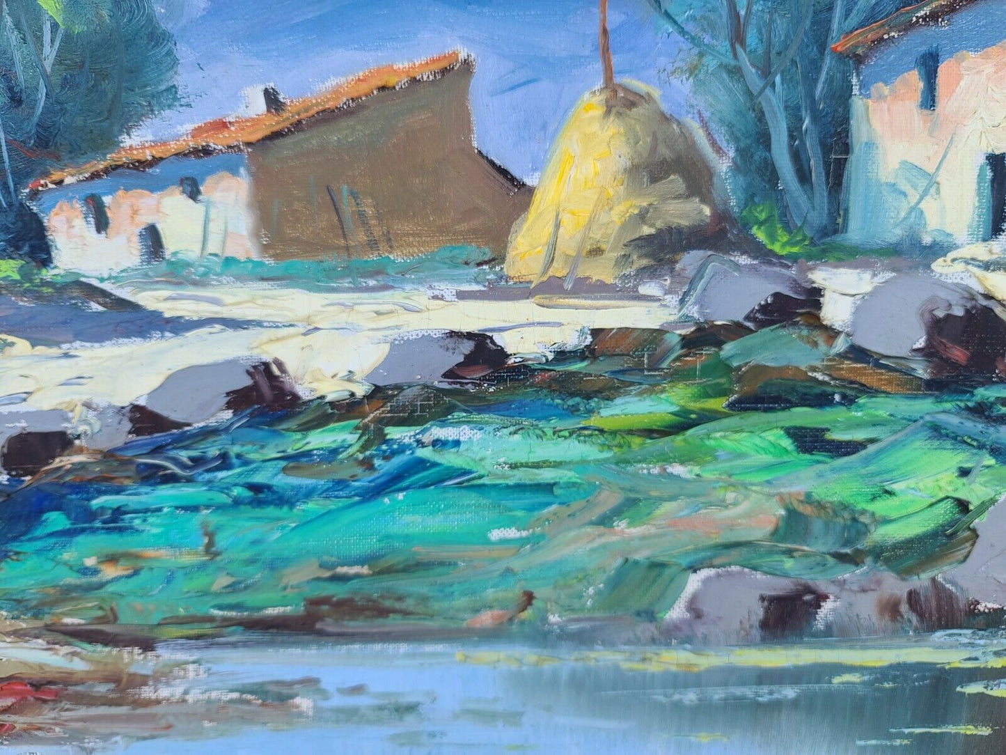 Vintage Signed Cityscape Village Landscape Oil Painting Framed