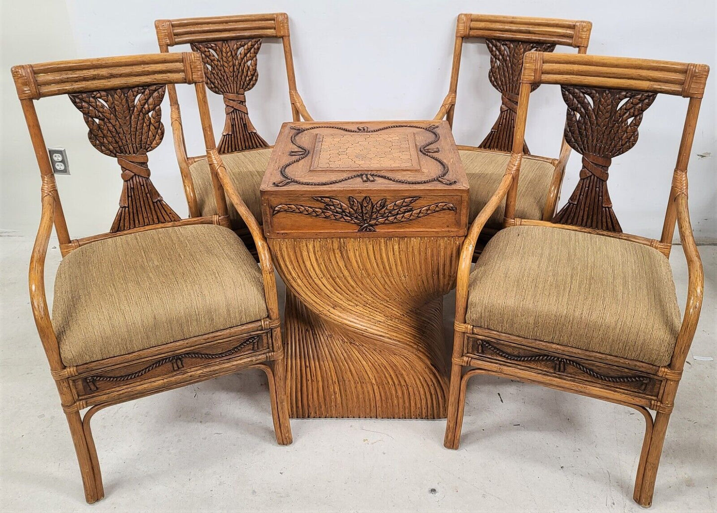 (4) Vintage Bamboo Bentwood Rattan Wheat Back Dining Armchairs
