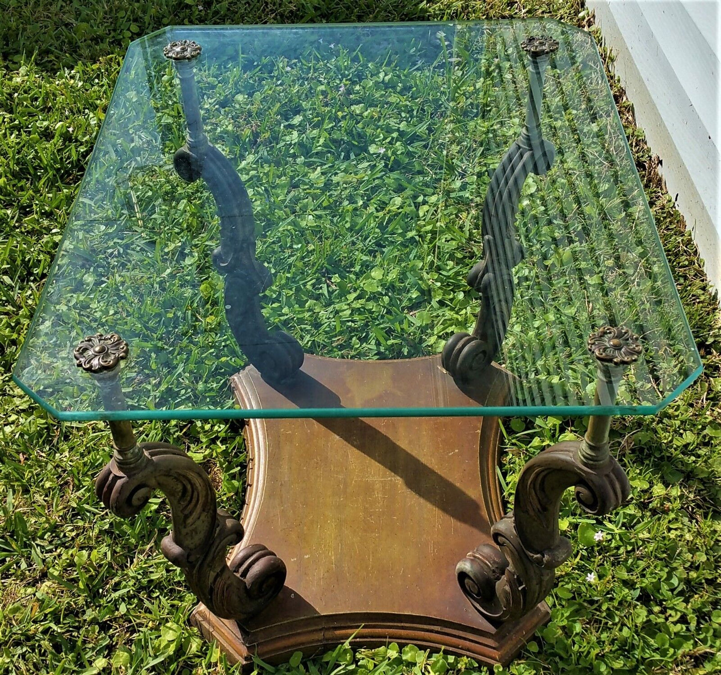 Vtg Weiman Heirloom Quality Side End Table Hand Carved Wood Glass Brass