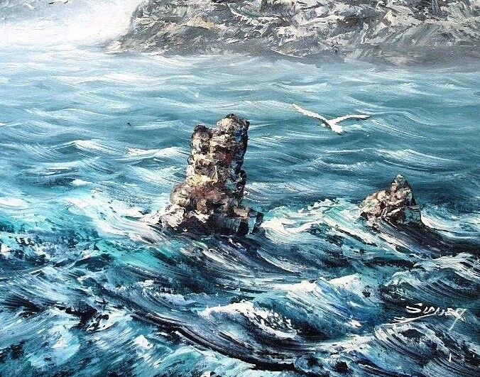 Vintage 3D Impasto OIL CANVAS Painting LIGHTHOUSE SEASCAPE Signed " Sidney "