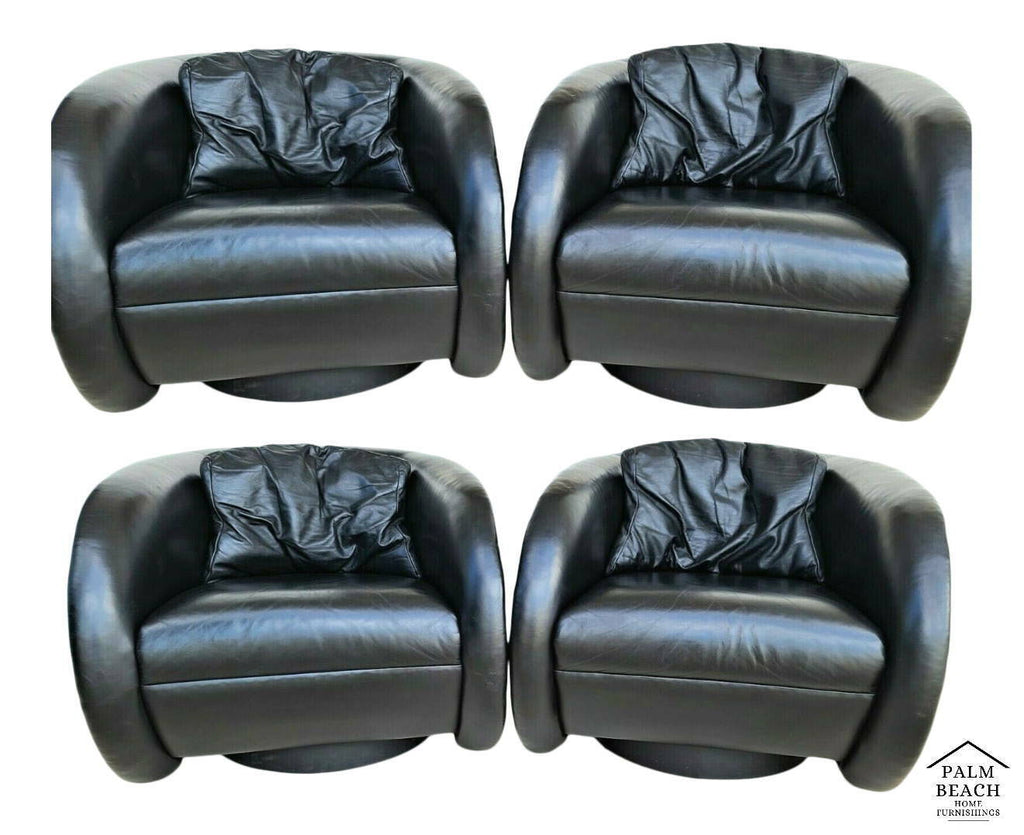 (4) Mid Century Modern Black Leather Swivel Barrel Lounge Chairs by PREVIEW