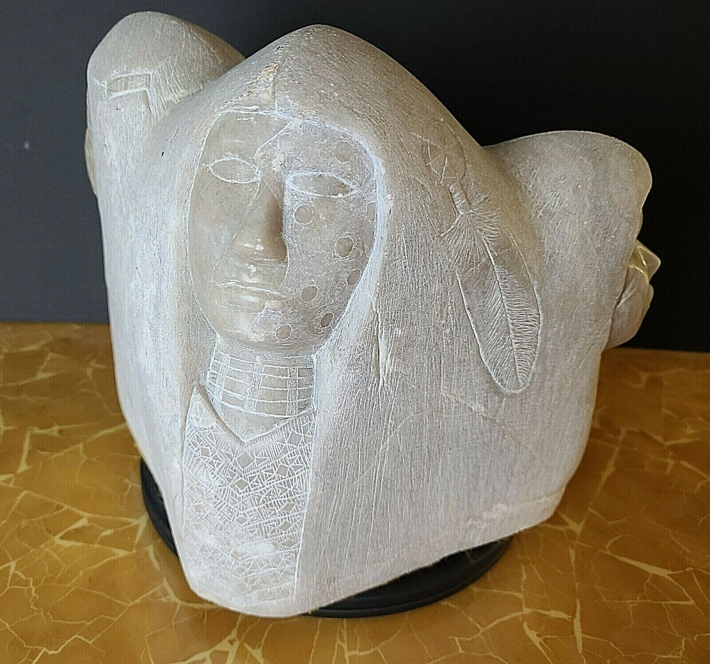 Monumental Signed Native American Alabaster Sculpture Man Woman Child Village