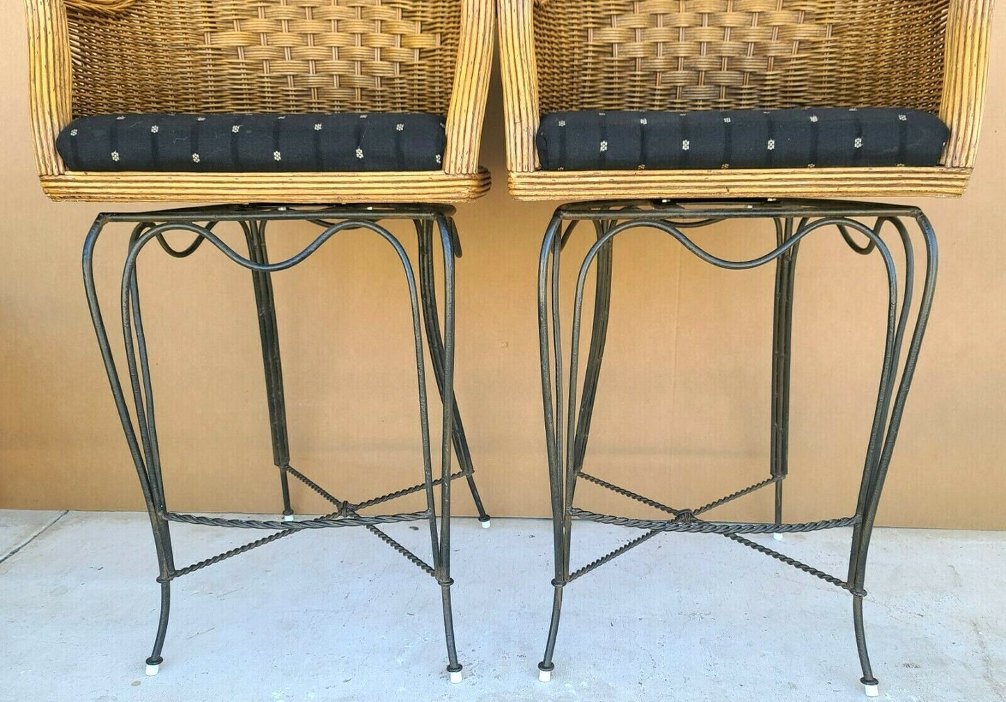 BRAXTON CULLER Wicker & Wrought Iron Swivel Barstools - A Pair