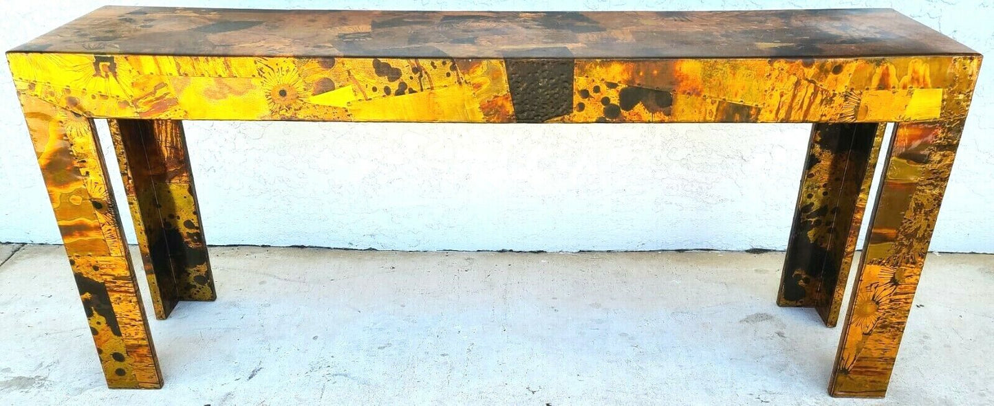 1970s Brutalist Copper Patchwork Console Table - Style of Paul Evans