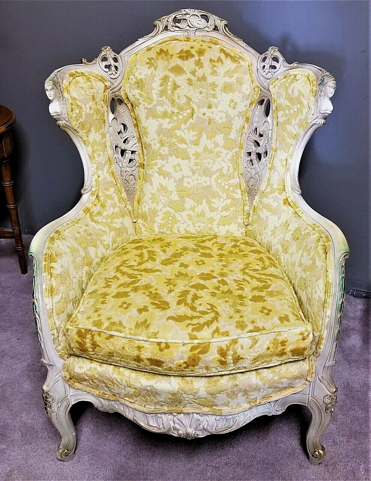 EUC! Antique French Louis XV Rococo Hand Carved Burnout Velvet Wing Back Chair