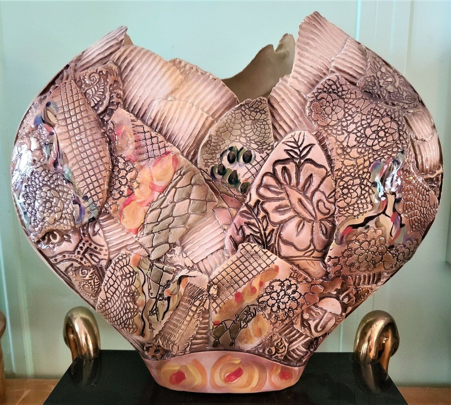 Large GAIL MARKIEWICZ Patchwork Heart Vase Studio Art Pottery