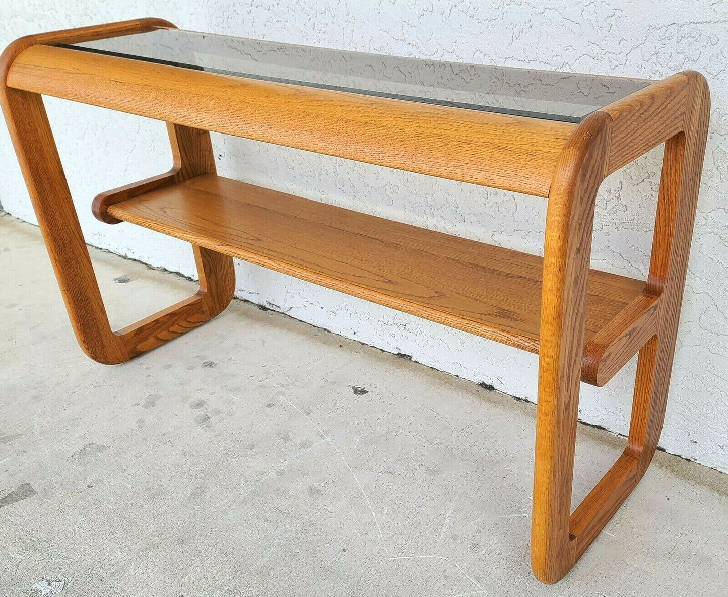 1970's Mid Century Modern Hodges Mersman Oak Smoked Glass Console Sofa Table