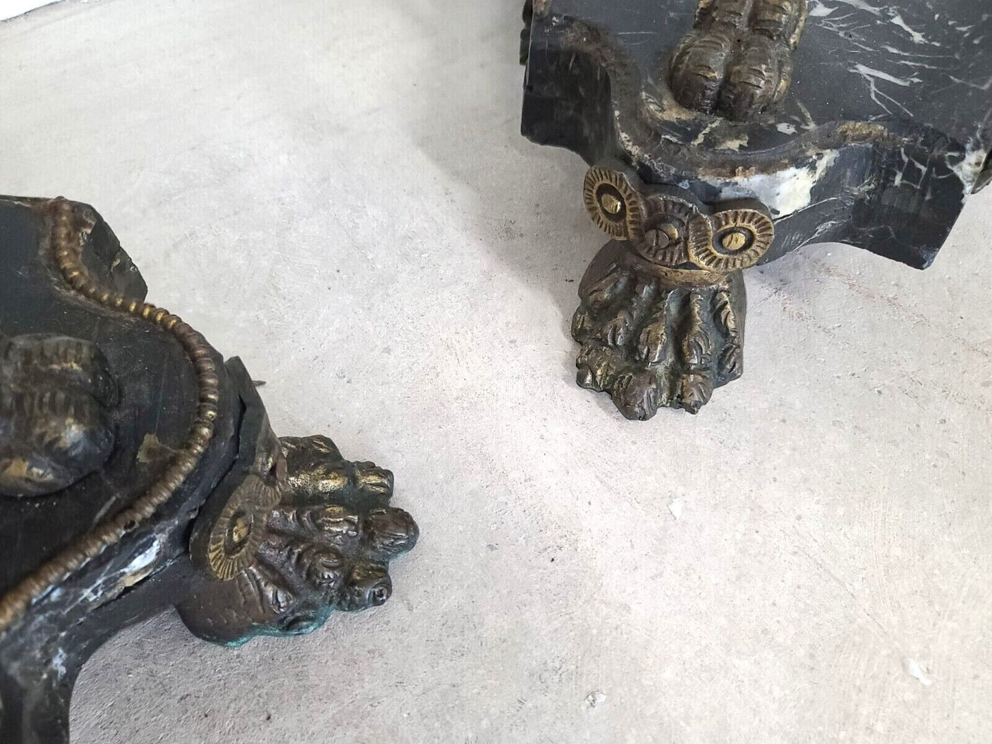 Antique Grand Entrance Italian Brass Griffins & Marble Display Stands - A Pair