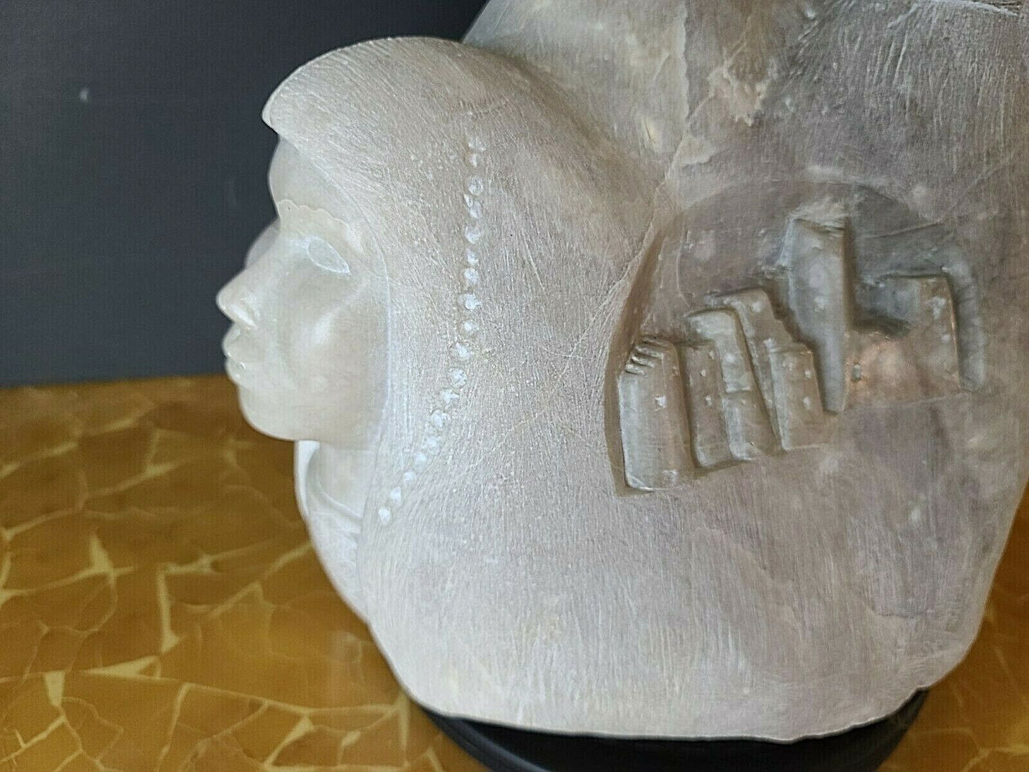 Monumental Signed Native American Alabaster Sculpture Man Woman Child Village