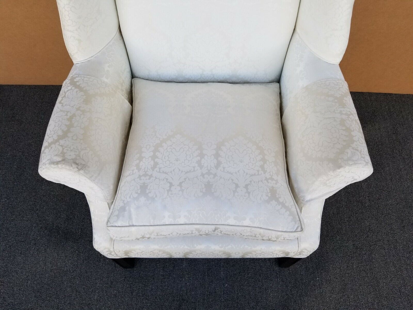 Vintage Chippendale Wingback White Brocade Satin Cotton and Down Armchair