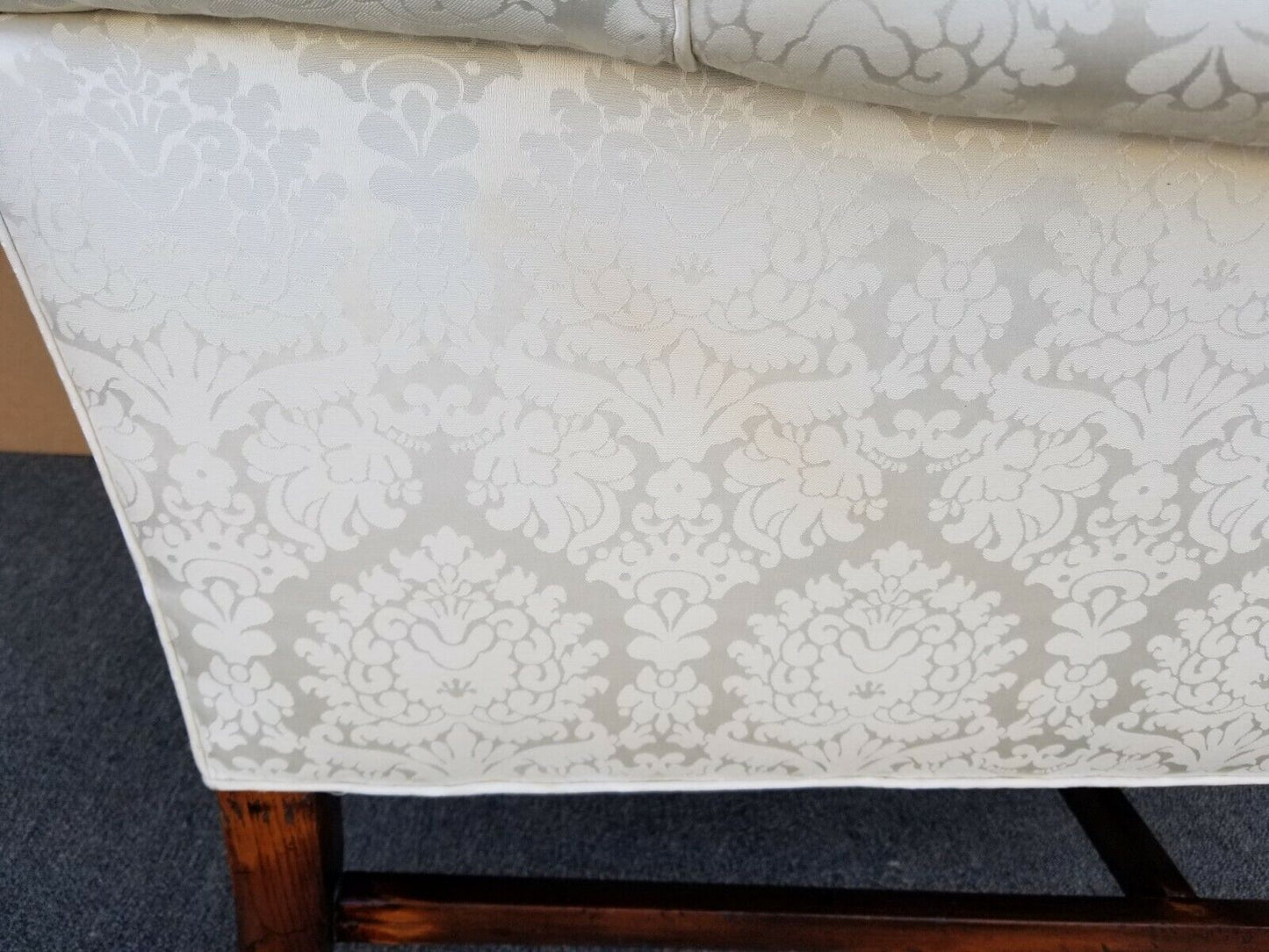Vintage Chippendale Wingback White Brocade Satin Cotton and Down Armchair