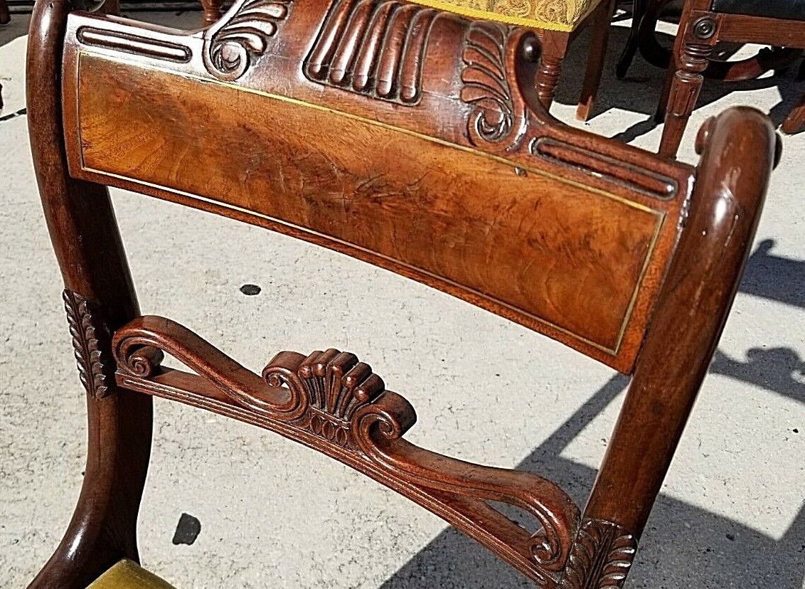 (1) ONLY William IV ca 1830 Hand Carved Mahogany Chairs Burl Bar Back Brass Inlay