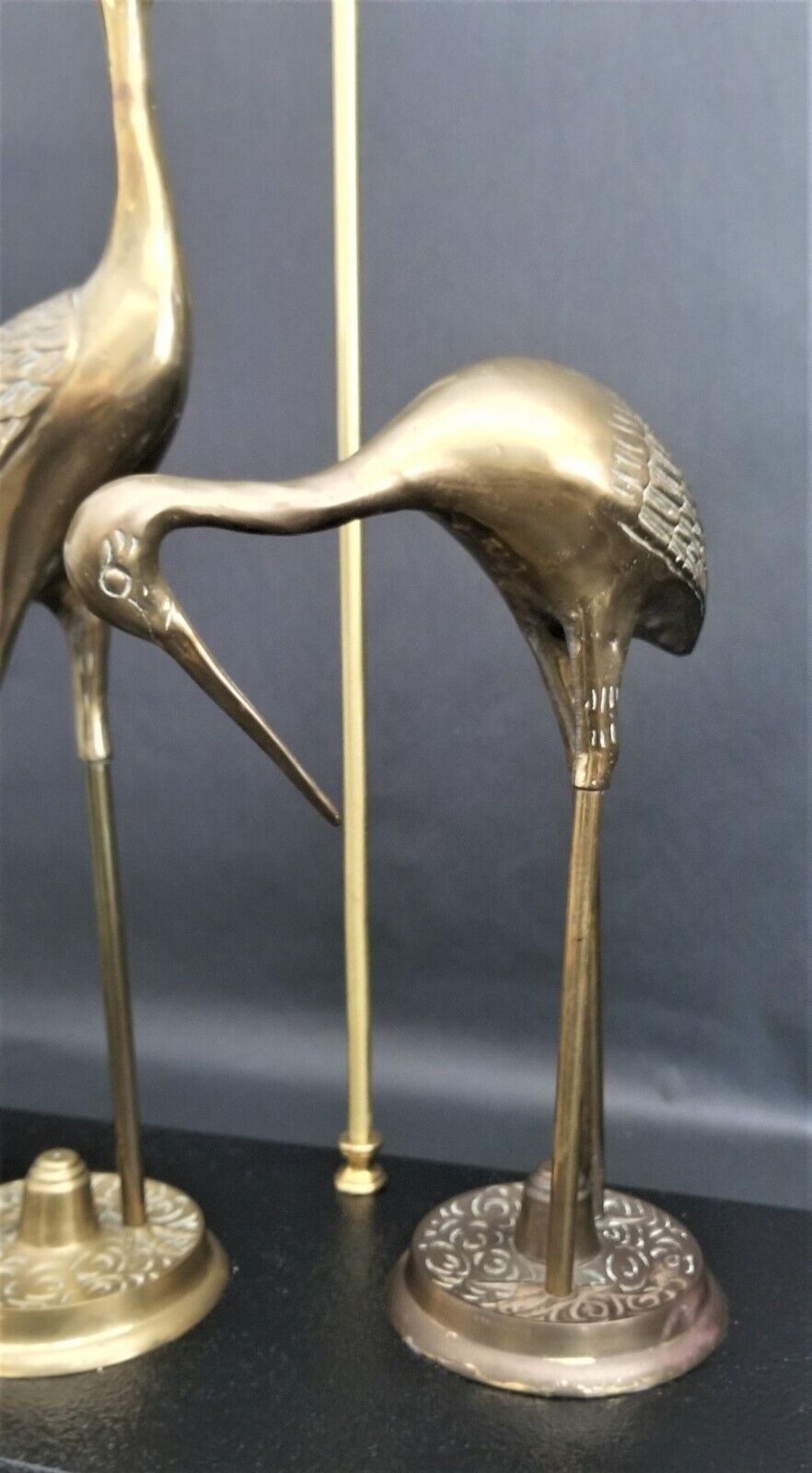 Large Mid Century Vintage Asian Chinoiserie Table Lamp Brass Cranes on Wood Base