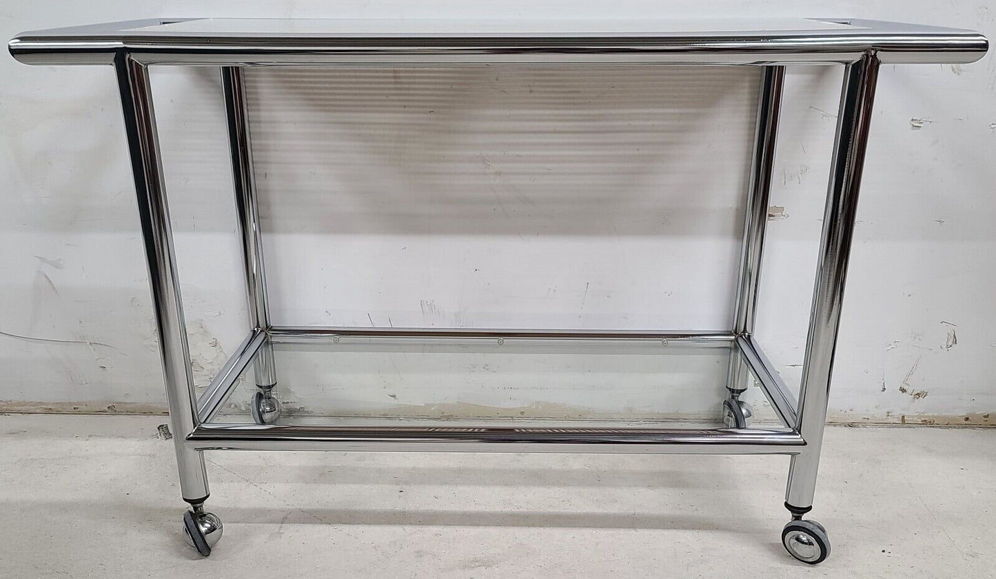 MCM 1970s Chrome Wicker Glass Rolling Bar Serving Cart