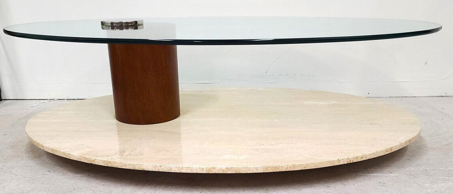 1970's MCM Travertine & Glass Swivel Top Coffee Cocktail Table by LION IN FROST