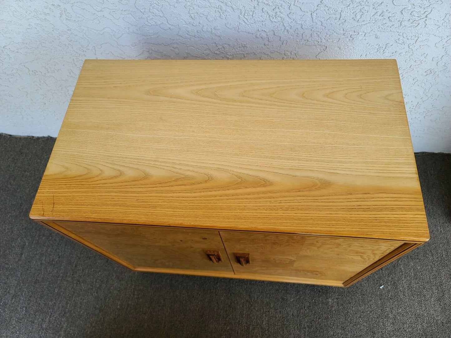 70's Milo Baughman Style HENREDON Scene Two Olive Burl Display Cabinet Case 2 Pc