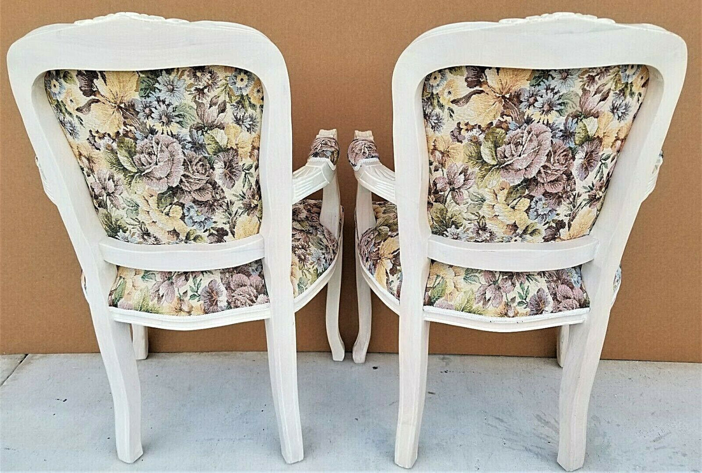 (2) Vintage Shabby Chic French Provincial Pearled Fauteuil Floral Tapestry Armchairs