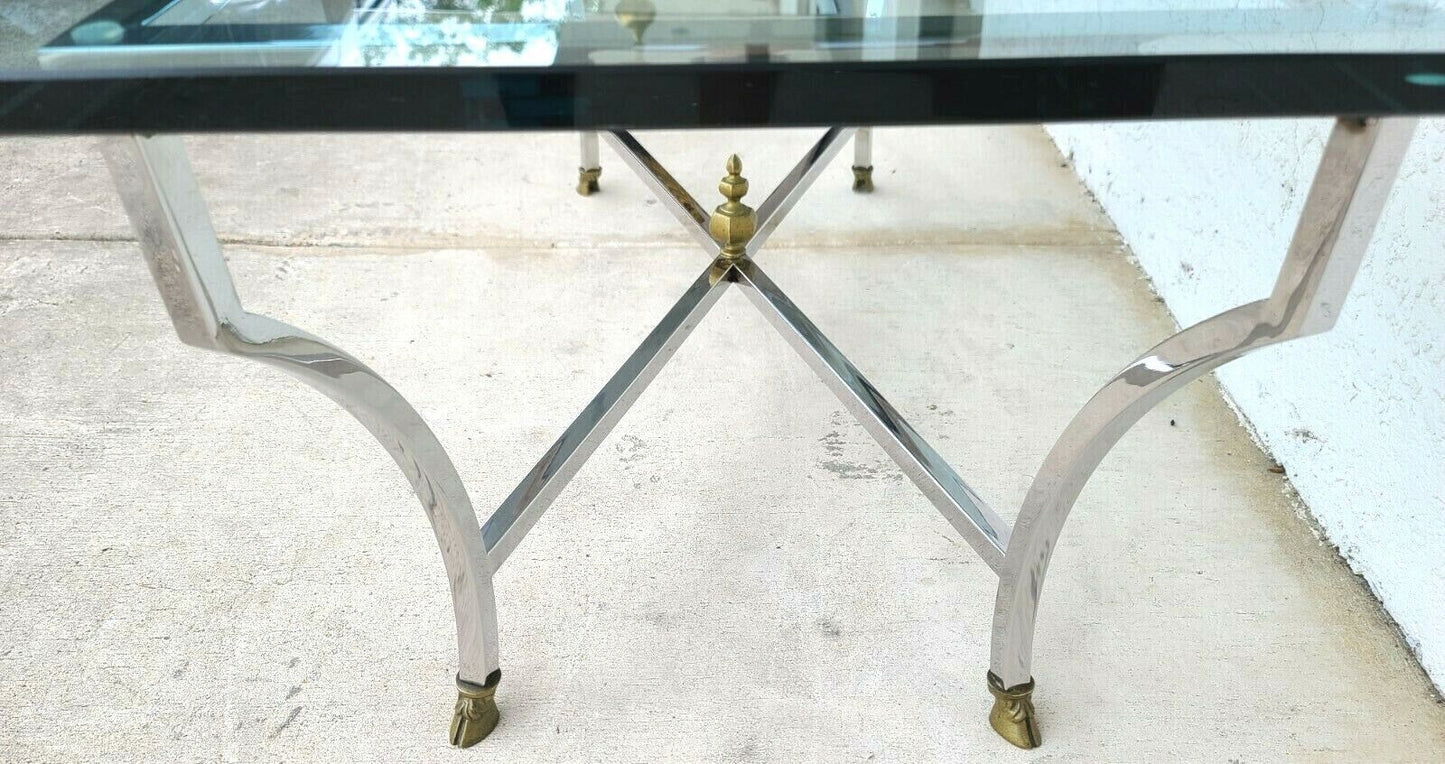 MAISON JANSEN Mid Century Italian Modern Chrome & Glass Coffee Table Hoof Feet