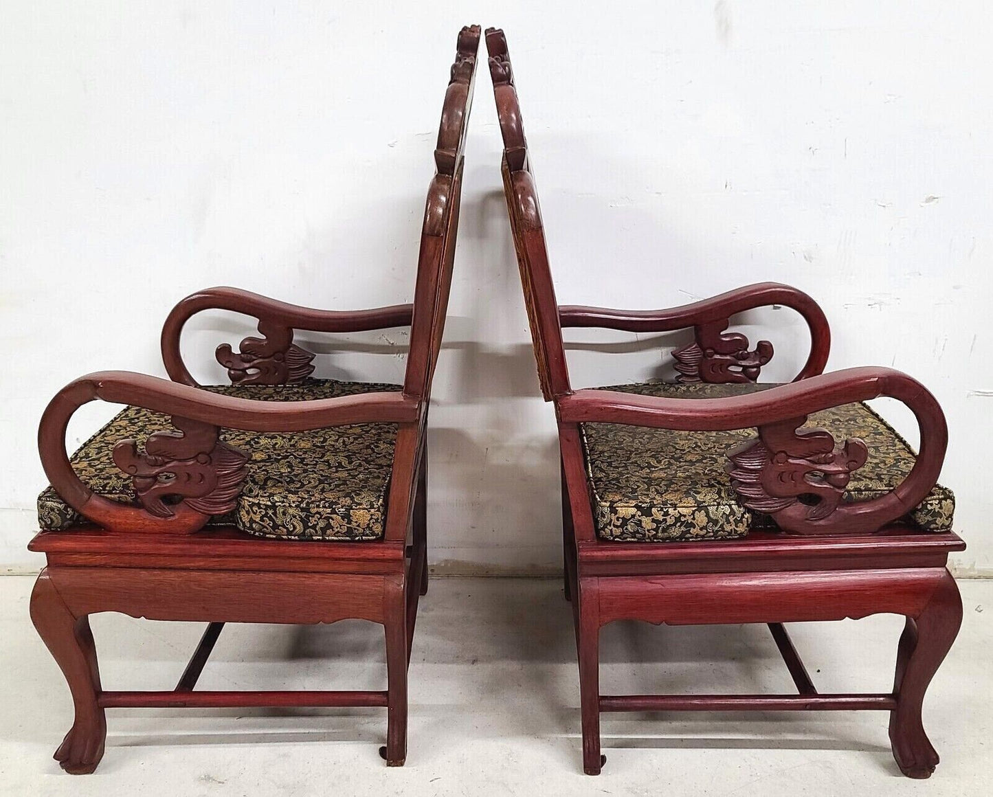 Mid Century Chinese Asian Rosewood & Marble Armchairs - A Pair