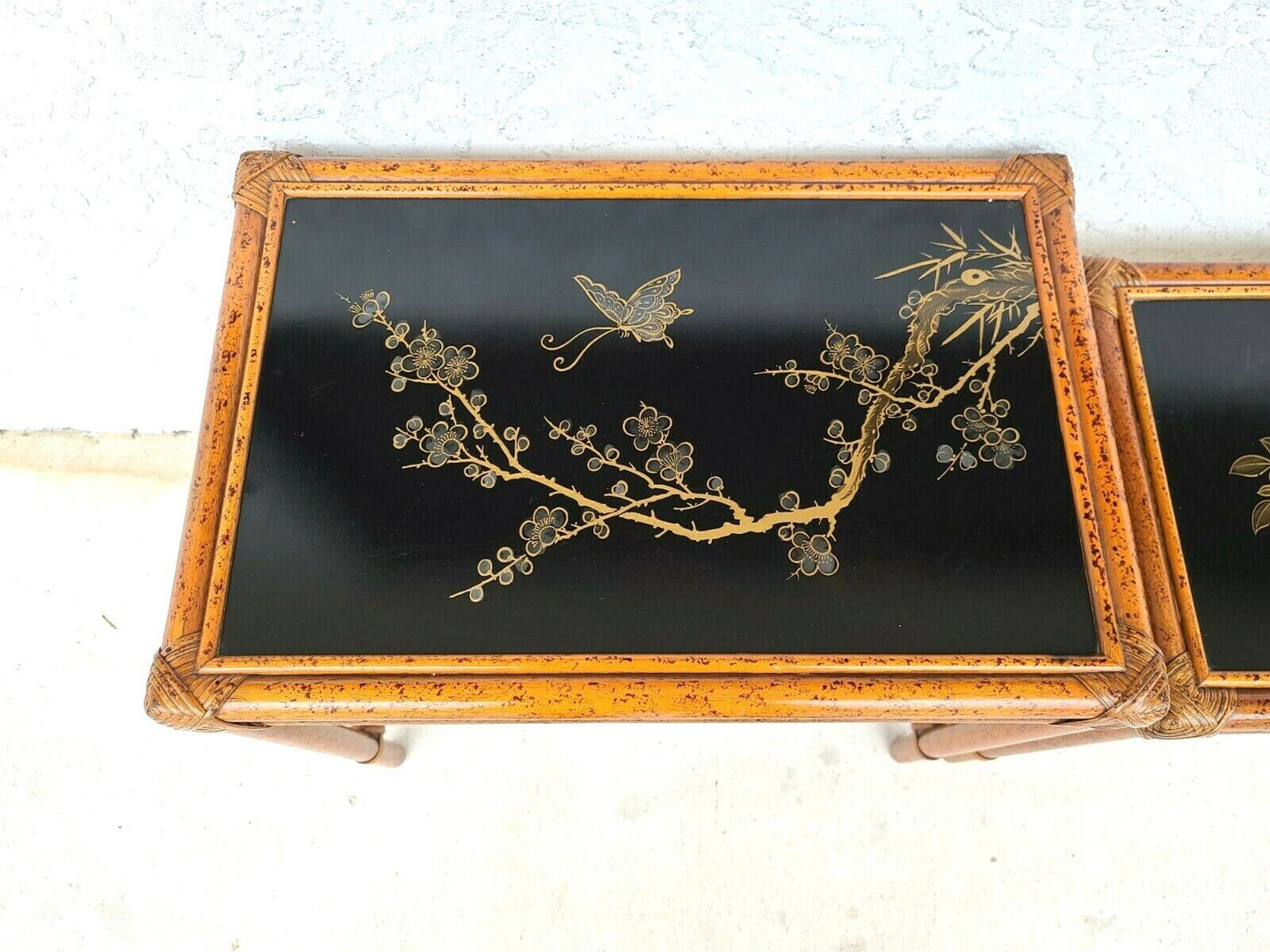 (3) Vintage Tiger Bamboo Rattan Nesting Tables