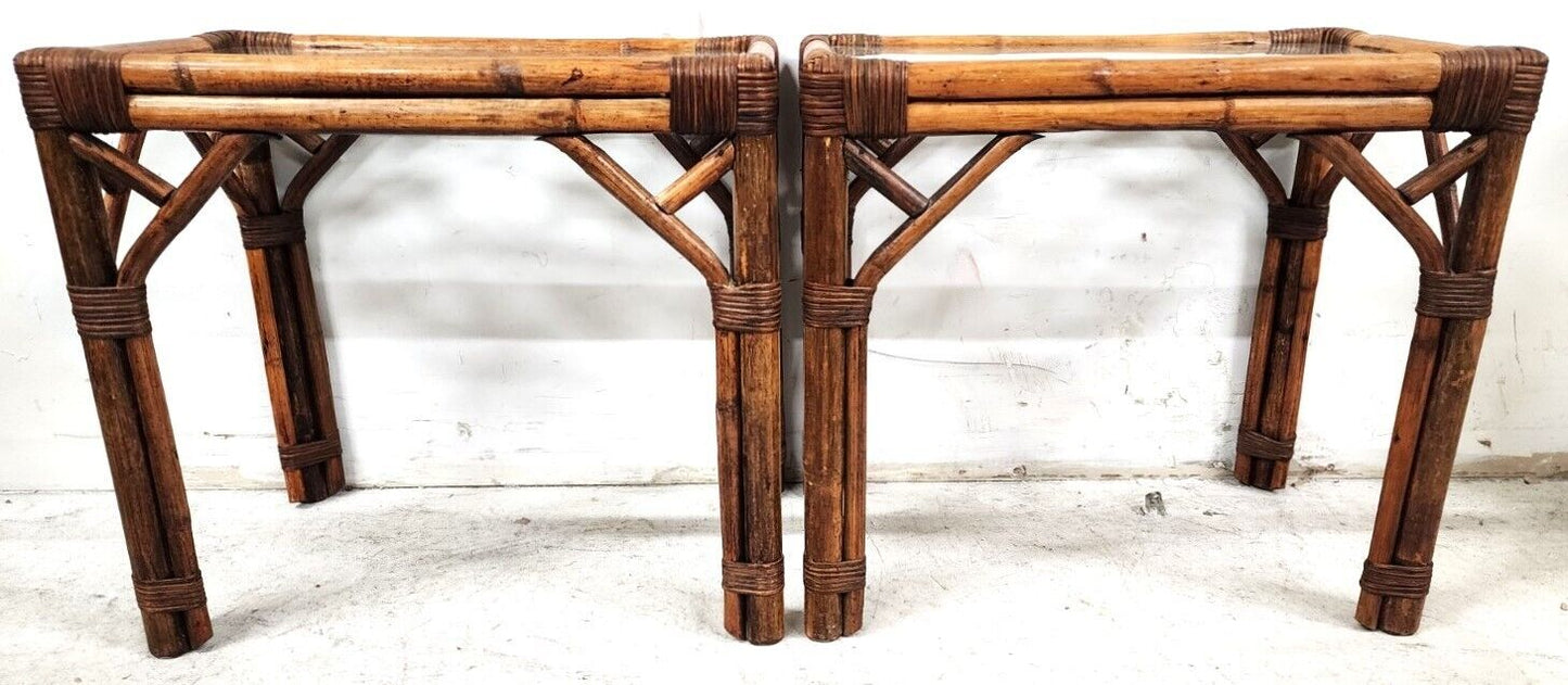 Vintage French Bamboo Rattan Glass Side Tables 1960s - A Pair