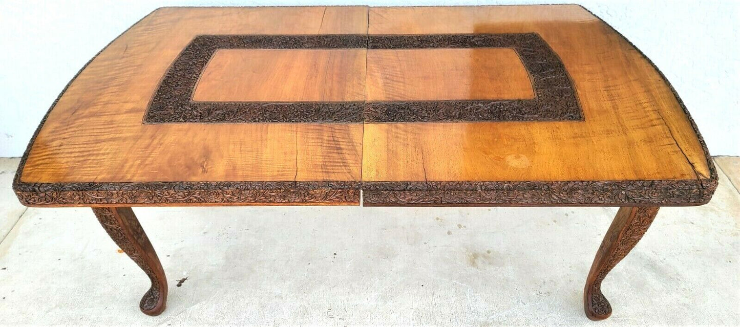 Antique c 1900's All Hand Carved Floral Design Solid Wood French Dining Table