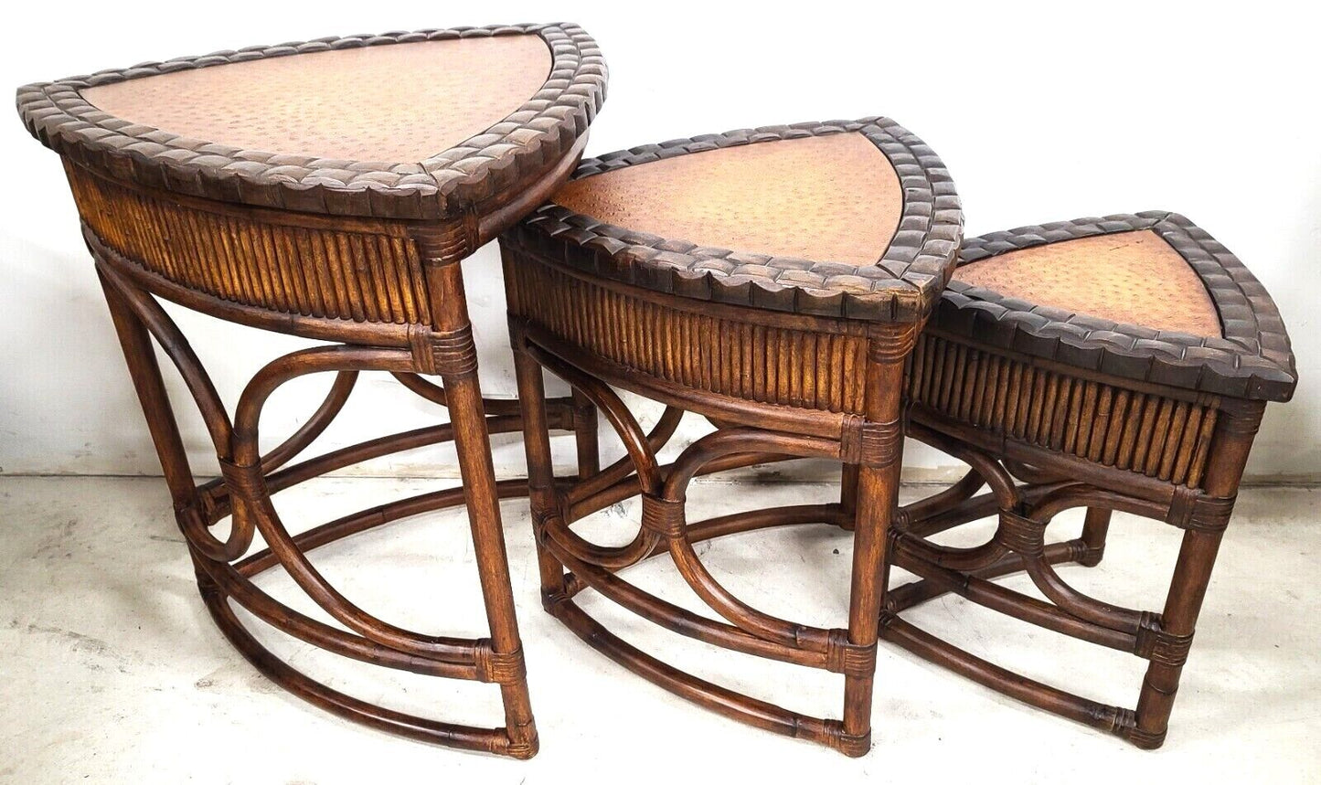 (3) Vintage Bamboo Rattan Coconut Shell Ostrich Nesting Tables